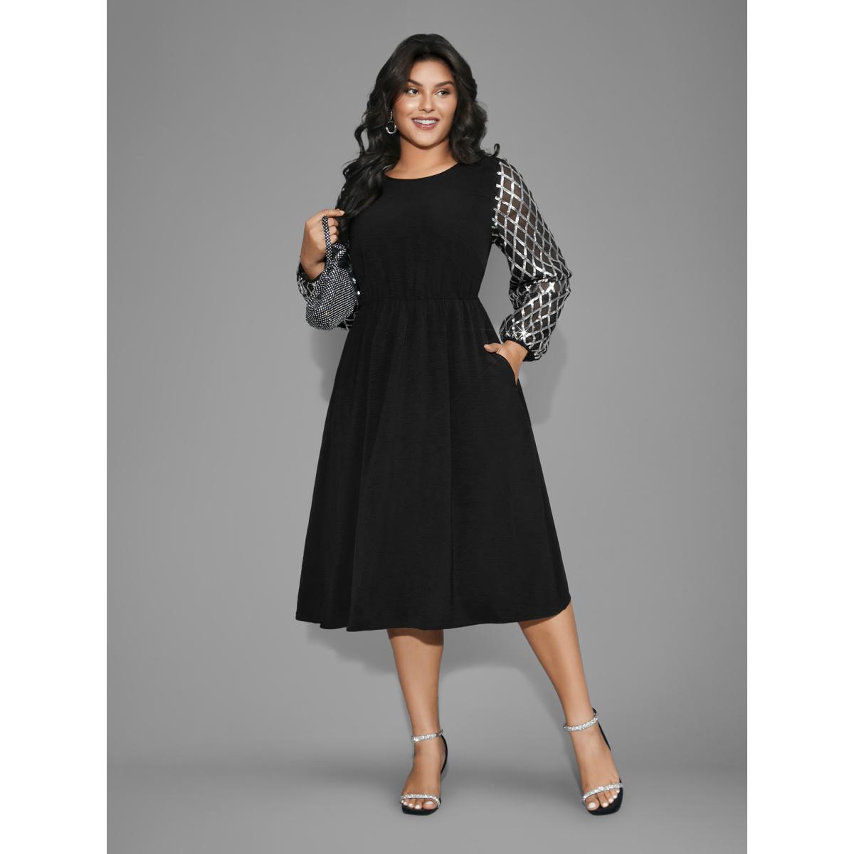 Plus Size Texture Sequin Mesh Patchwork Belted Dress Black Women Party&Cocktail Texture Round Neck Long Sleeve Curvy BloomChic 14-16/1X Product Image