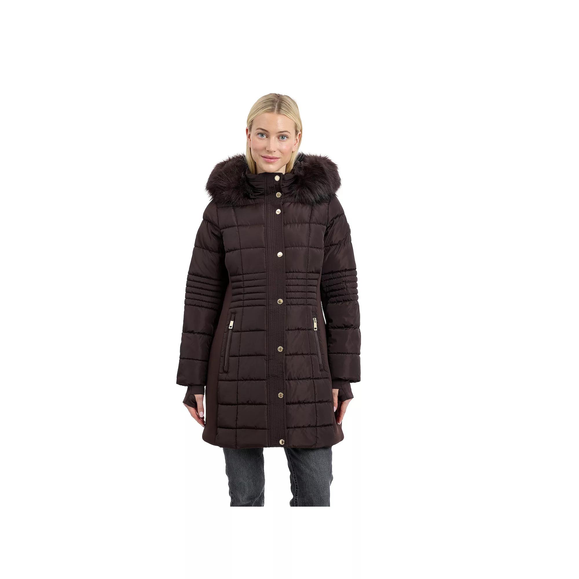 Women's London Fog Hooded Long Puffer Coat with Faux Fur Trim,  Product Image