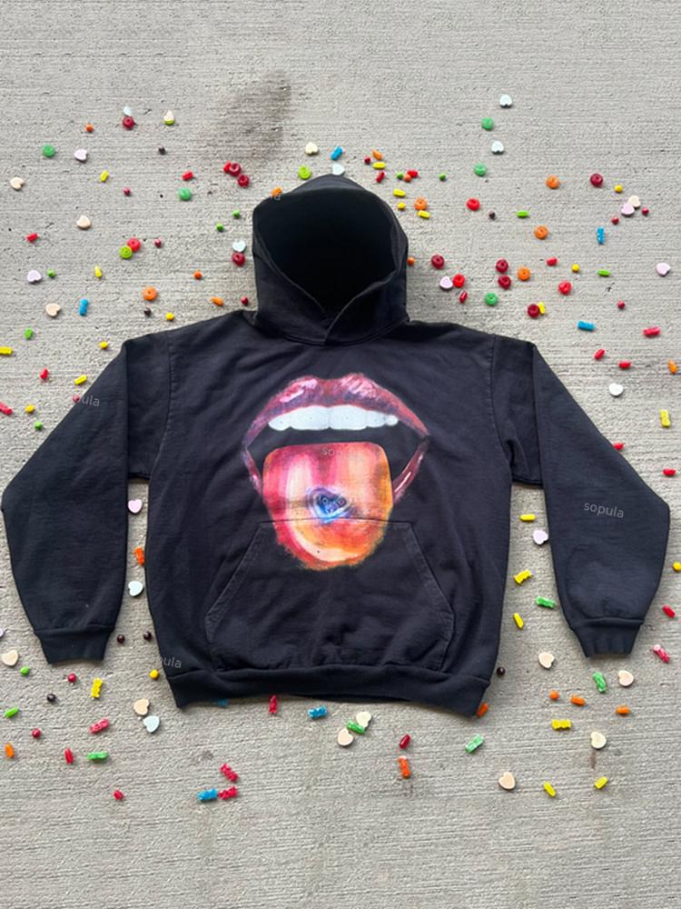 Sopula Vintage Fashion Lips Print Pattern Hooded Sweatshirt Product Image