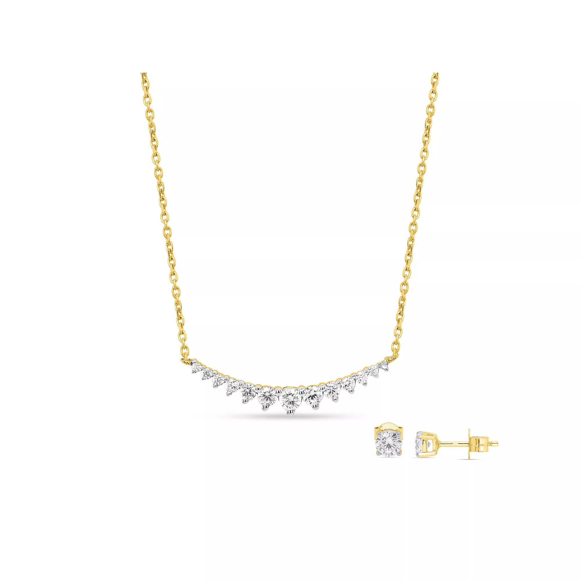 Ethique 1 Carat T.W. Lab-Grown Diamond Curved Bar Necklace & Stud Earring Set, Women's, Size: 18", Gold Tone Product Image