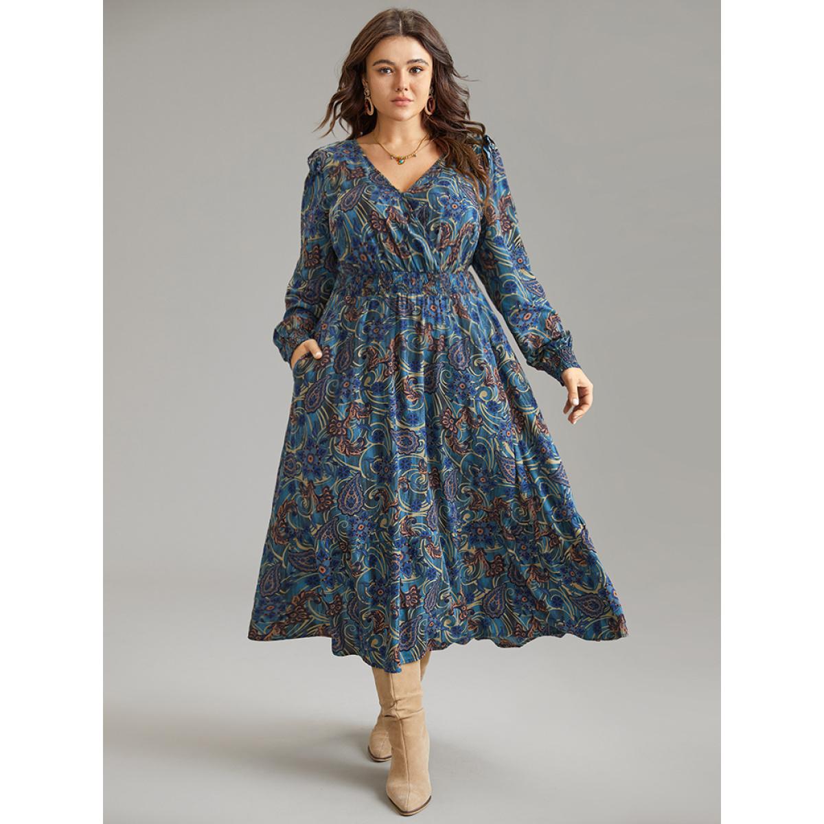 Plus Size Bandana Print Shirred Pocket Frill Trim Dress Aegean Women Vacation Wrap Overlap Collar Long Sleeve Curvy Midi Dress BloomChic 14-16/1X Product Image
