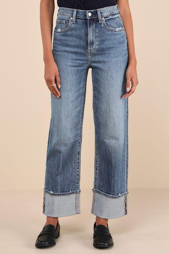 Eastside Medium Wash Distressed High-Rise Cuffed Denim Jeans Product Image