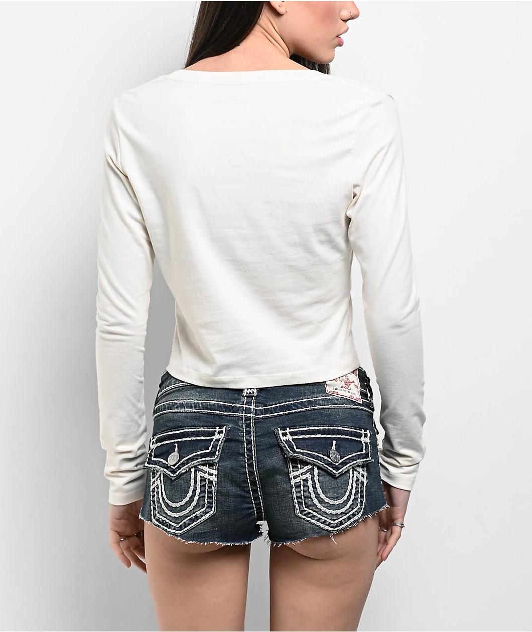 True Religion Applique Winter White Long Sleeve Crop T-Shirt Product Image