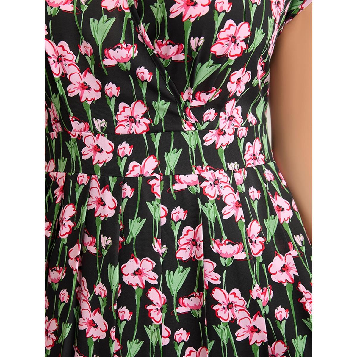 Plus Size Floral Print Shirred Pleated Midi Dress BlackFlower Women Overlap Collar Cap Sleeve Curvy BloomChic 28/5X Product Image
