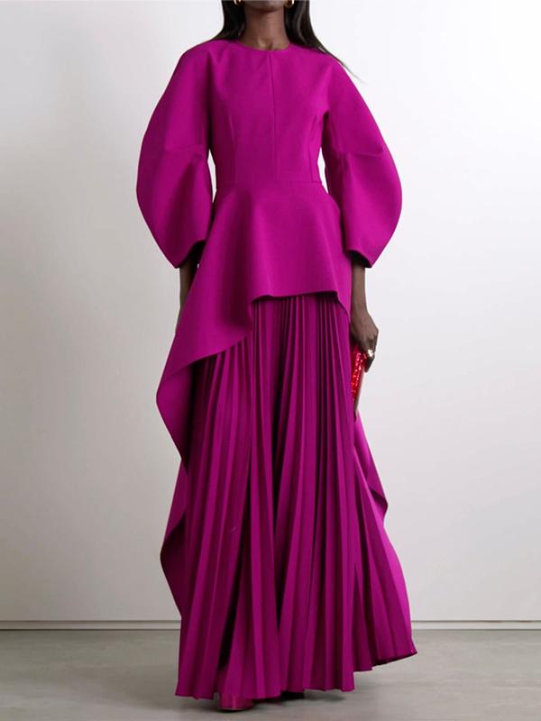 Long Sleeves Loose Pleated Solid Color Split-Joint Tiered Round-Neck Maxi Dresses Product Image