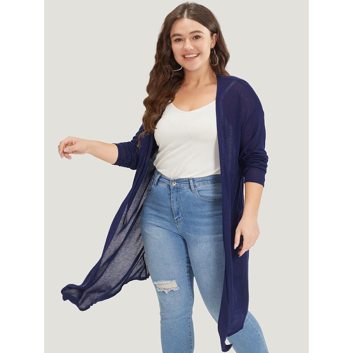 Plus Size Supersoft Essentials Plain Asymmetrical Hem Open Front Cardigan Indigo Women Casual Loose Long Sleeve Dailywear Cardigans BloomChic 18-20/2X Product Image