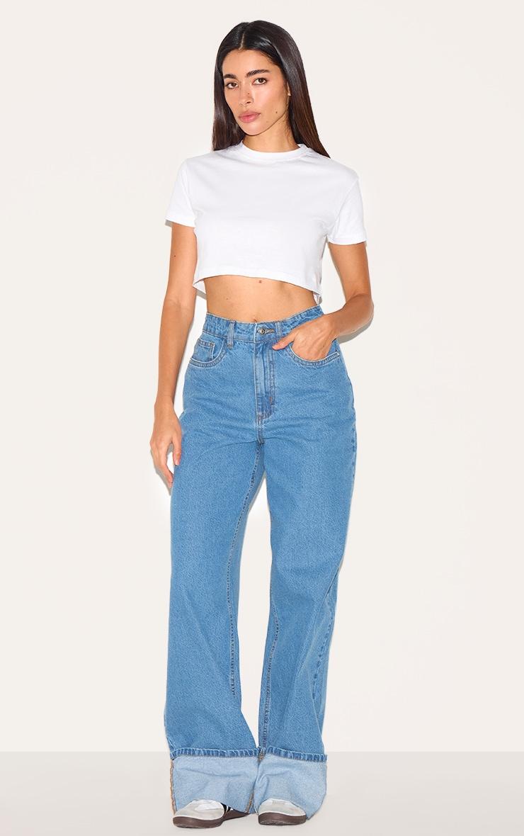 Mid Blue Wash High Waist Turn Up Leg Jeans Product Image