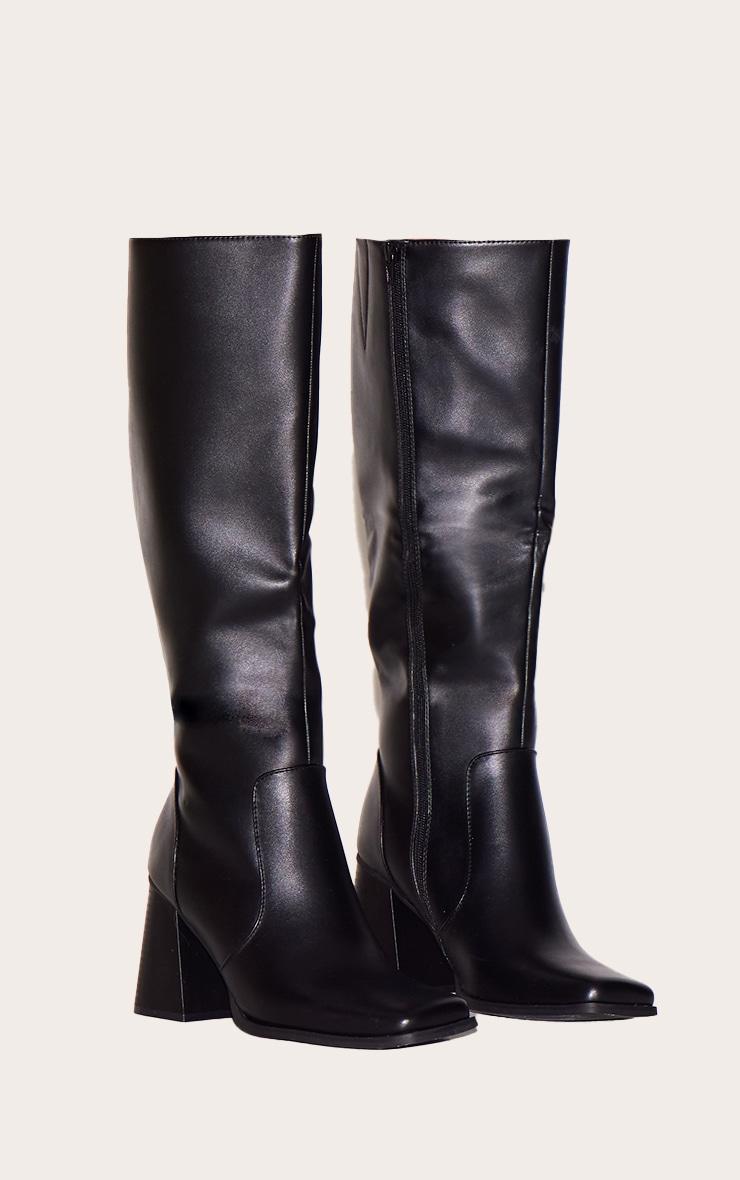 Black Pu Square Toe Block Heel Knee High Boots Product Image