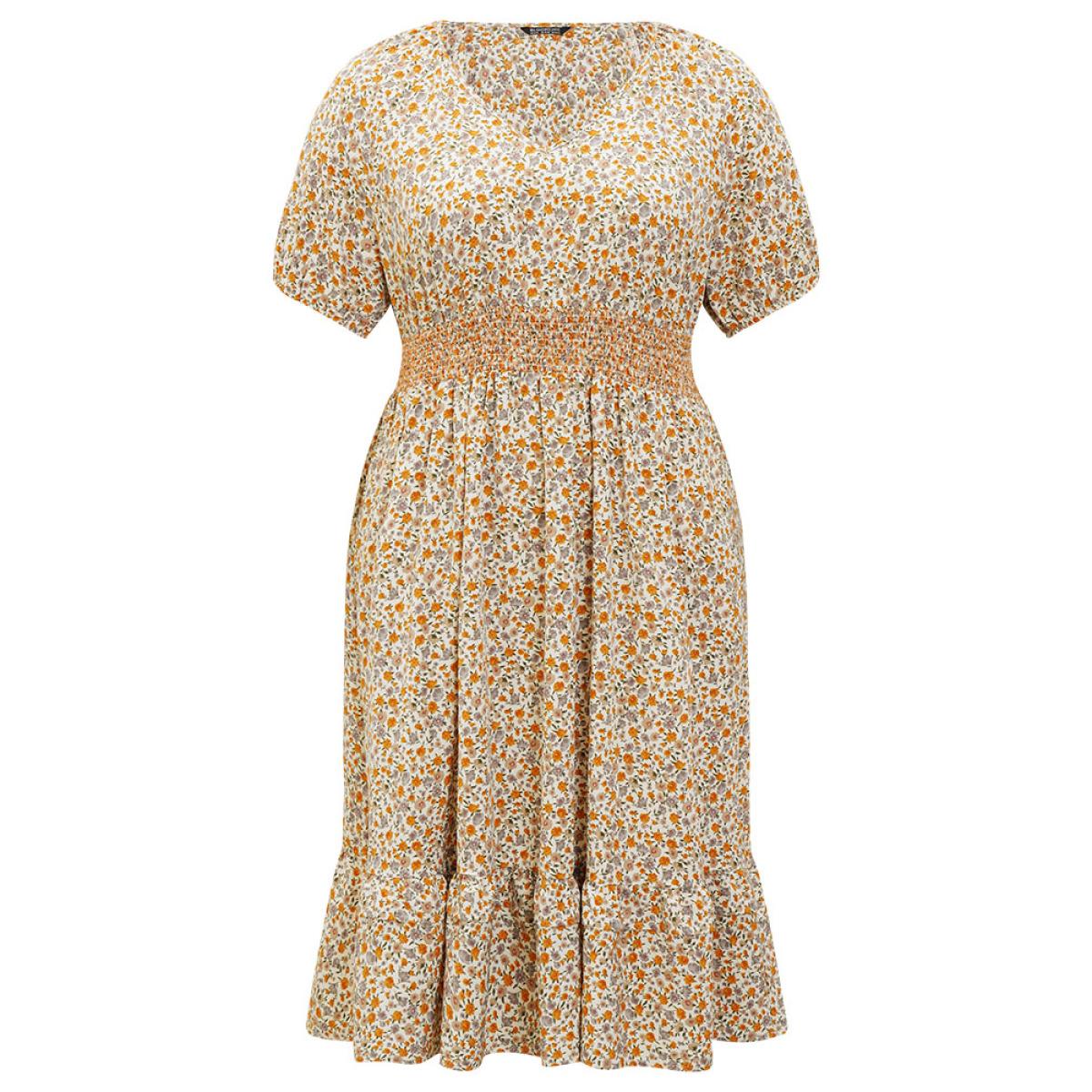 Plus Size Ditsy Floral Pocket Puff Sleeve Shirred Ruffle Trim Dress Apricot Women Elegant Gathered V-neck Short sleeve Curvy Midi Dress BloomChic 22-24/3X Product Image