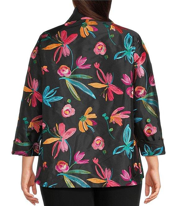 Caroline Rose Plus Size Glorious Garden Floral Embroidered Jacquard Spread Collar Bracelet Sleeve Open-Front Statement Jacket Product Image