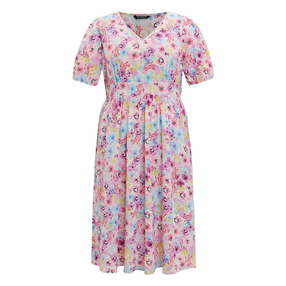 Plus Size Floral Print V Neck Gathered Puff Sleeve Dress Multicolor Women Elegant Elastic cuffs V-neck Short sleeve Curvy Midi Dress BloomChic 26/4X Product Image