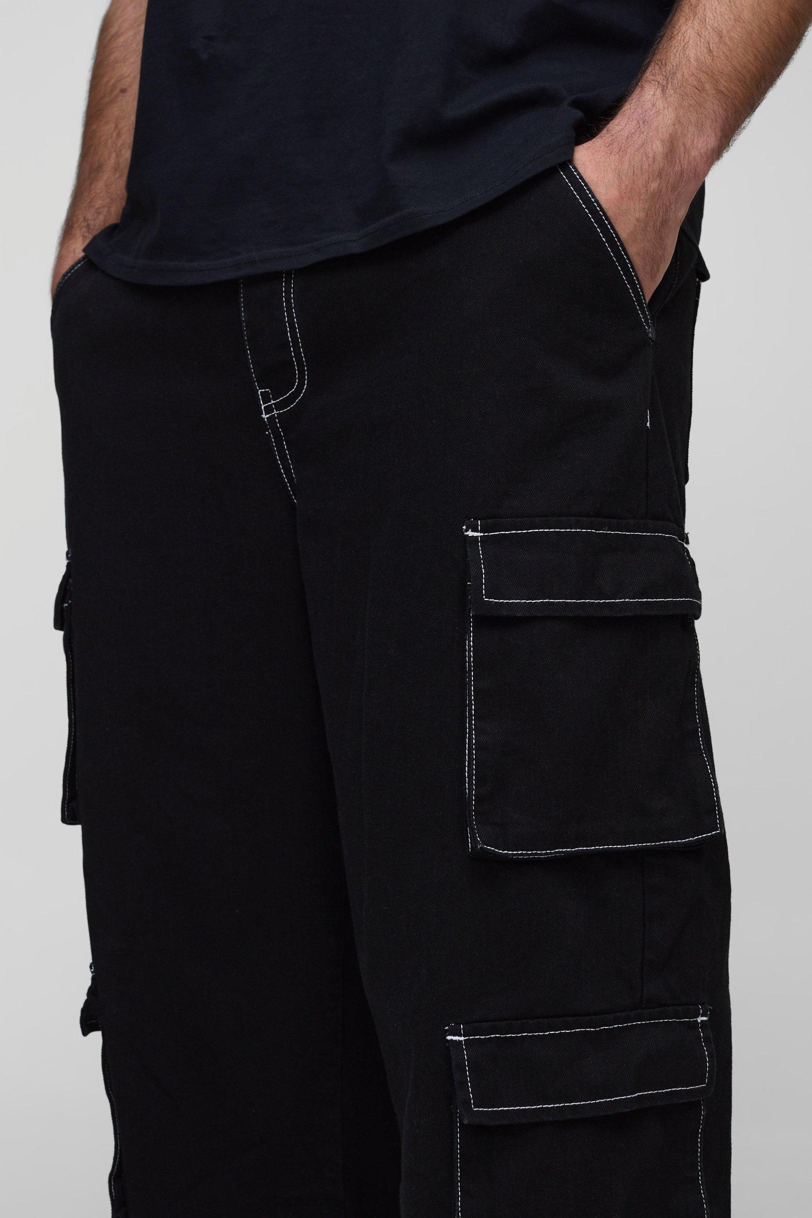 Plus Relaxed Rigid Contrast Stitch Cargo Jeans | boohooMAN USA Product Image