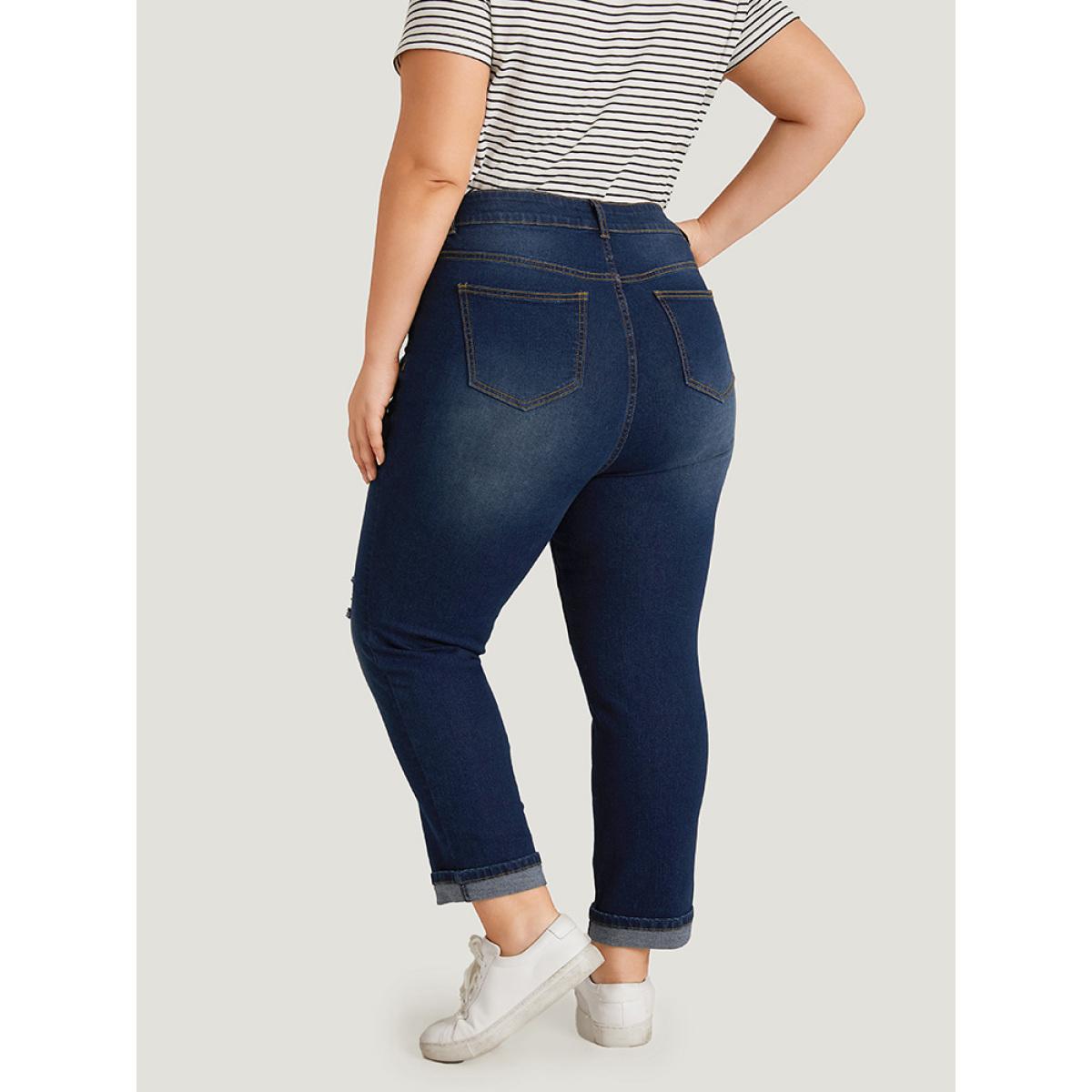Plus Size Ripped Roll Hem Pocket Very Stretchy Jeans Women Indigo Casual Plain Plain High stretch Jeans BloomChic 10/M Product Image