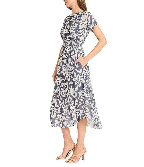 Maggy London Floral Print Crew Neck Short Sleeve Fit And Flare Midi Dress Product Image