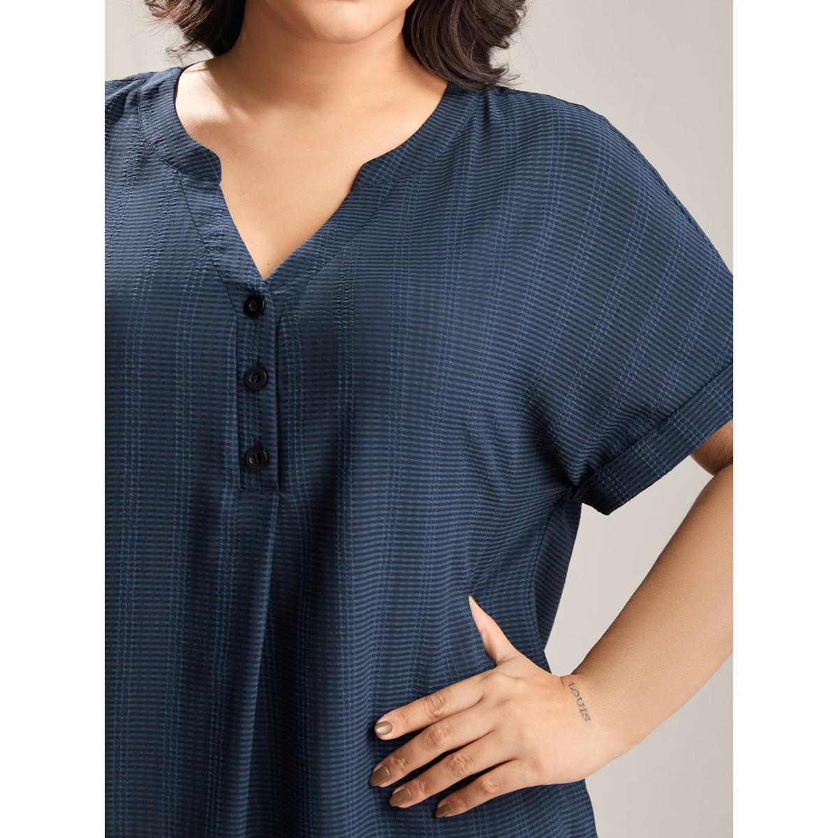 Plus Size Indigo Textured Half Placket Split Neck Shirt Women Short sleeve Flat collar with V-notch Work Blouses BloomChic 28/5X Product Image