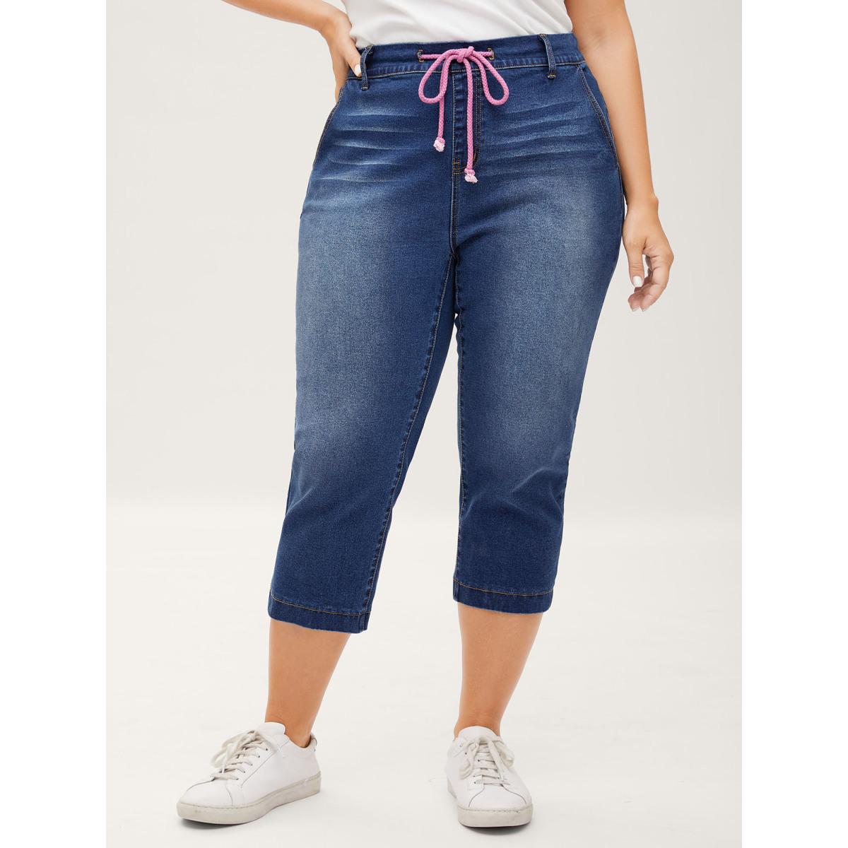 Plus Size Pull-On Drawstring Waist Crop Jeans Women Midblue Casual Medium stretch Slanted pocket Jeans BloomChic 14/1X Product Image