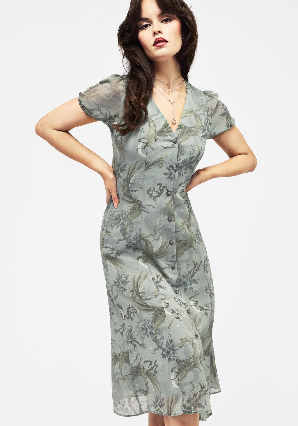 Sapphira Dragon Print Chiffon Button Up Midi Dress Product Image