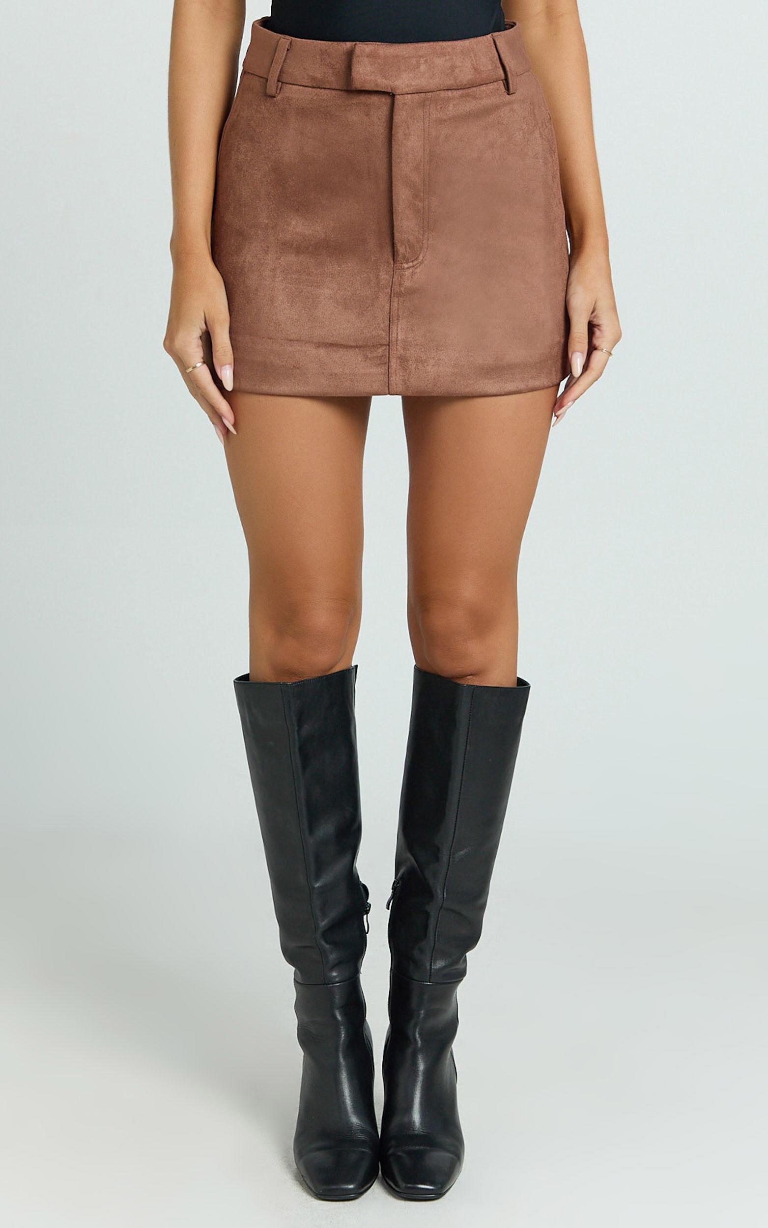 Priscilla Mini Skirt - Mid Waist Faux Suede Skirt in Brown Tan Product Image
