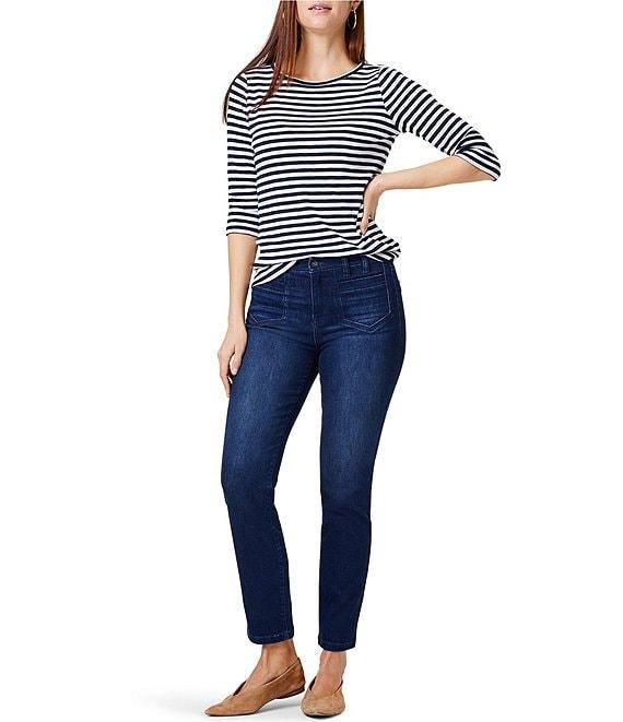 NIC + ZOE NZT Jersey Knit Striped Print Boat Neck 3/4 Sleeve Tee Shirt Product Image