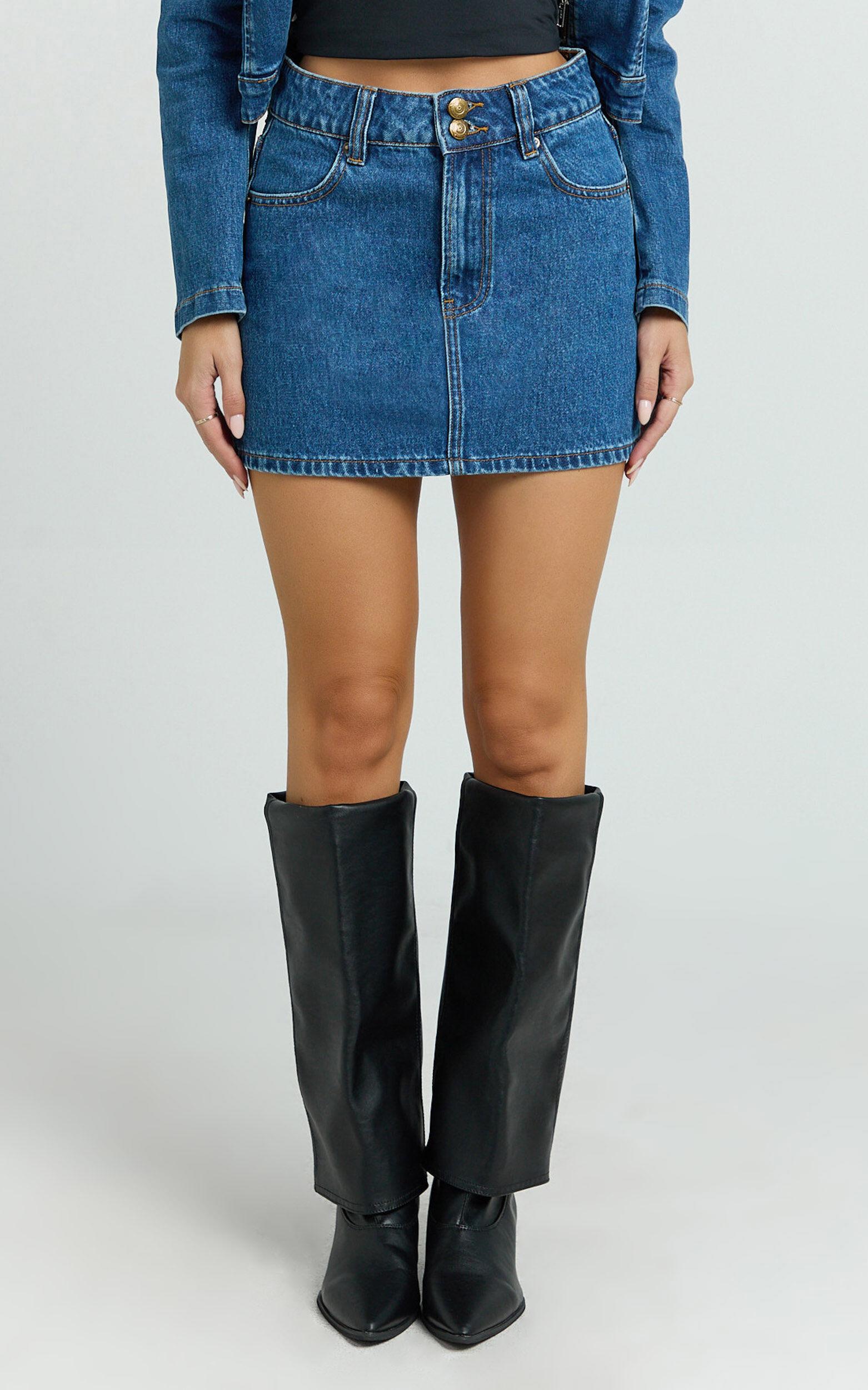 Pamela Mini Skirt - Low Rise Double Button Recycled Denim Skirt in Dark Blue Wash Product Image