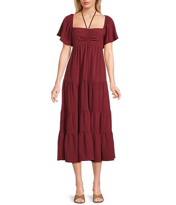 GB Tie Neck Short Sleeve Tiered Maxi Dress Product Image