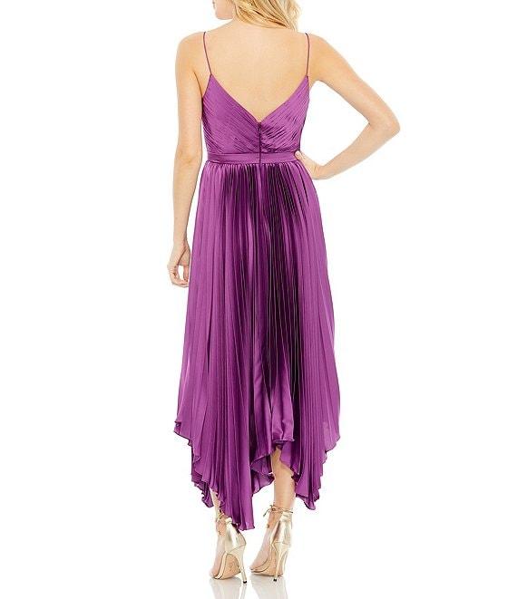 Mac Duggal Satin Surplice V-Neck Sleeveless Flowy Pleated Midi Dress Product Image