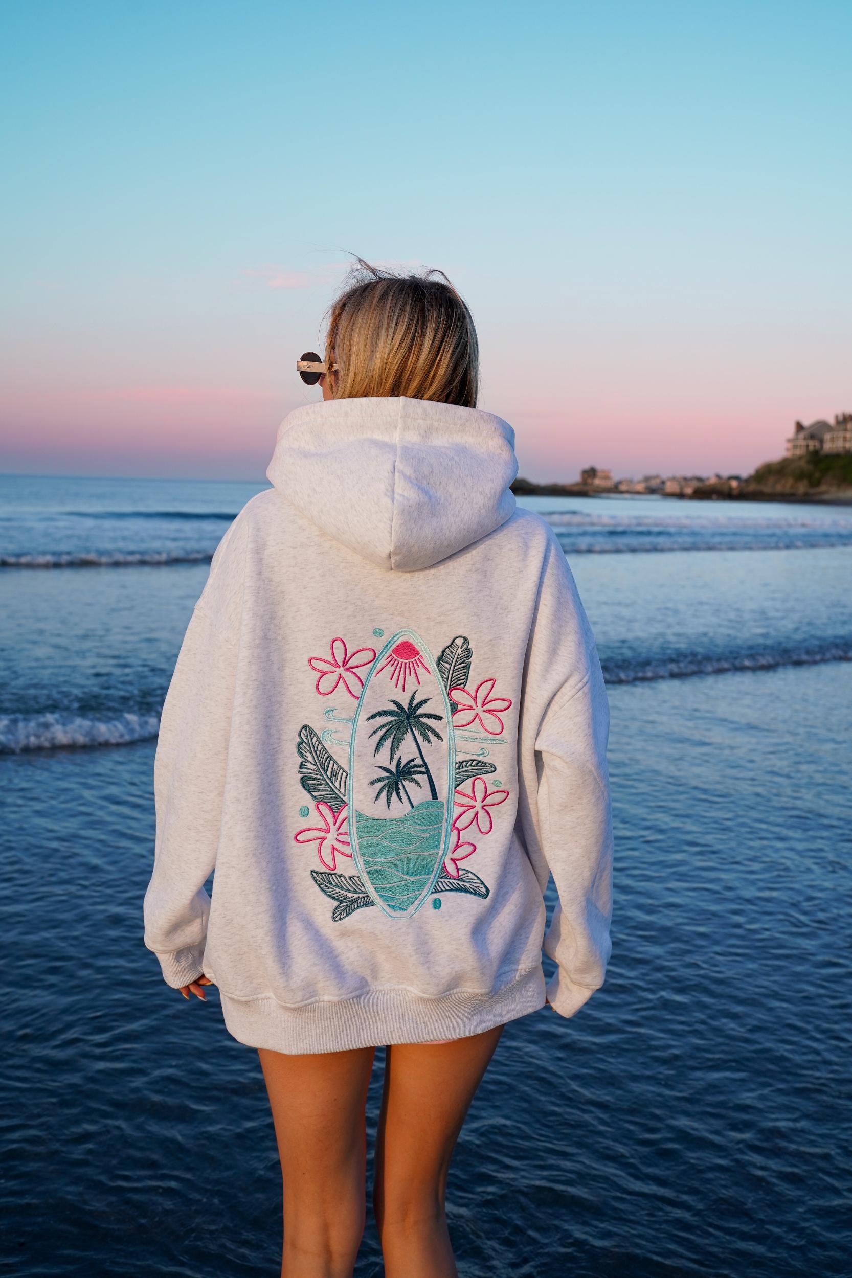 Pearl Grey Surfing The Waves Embroider Hoodie Product Image