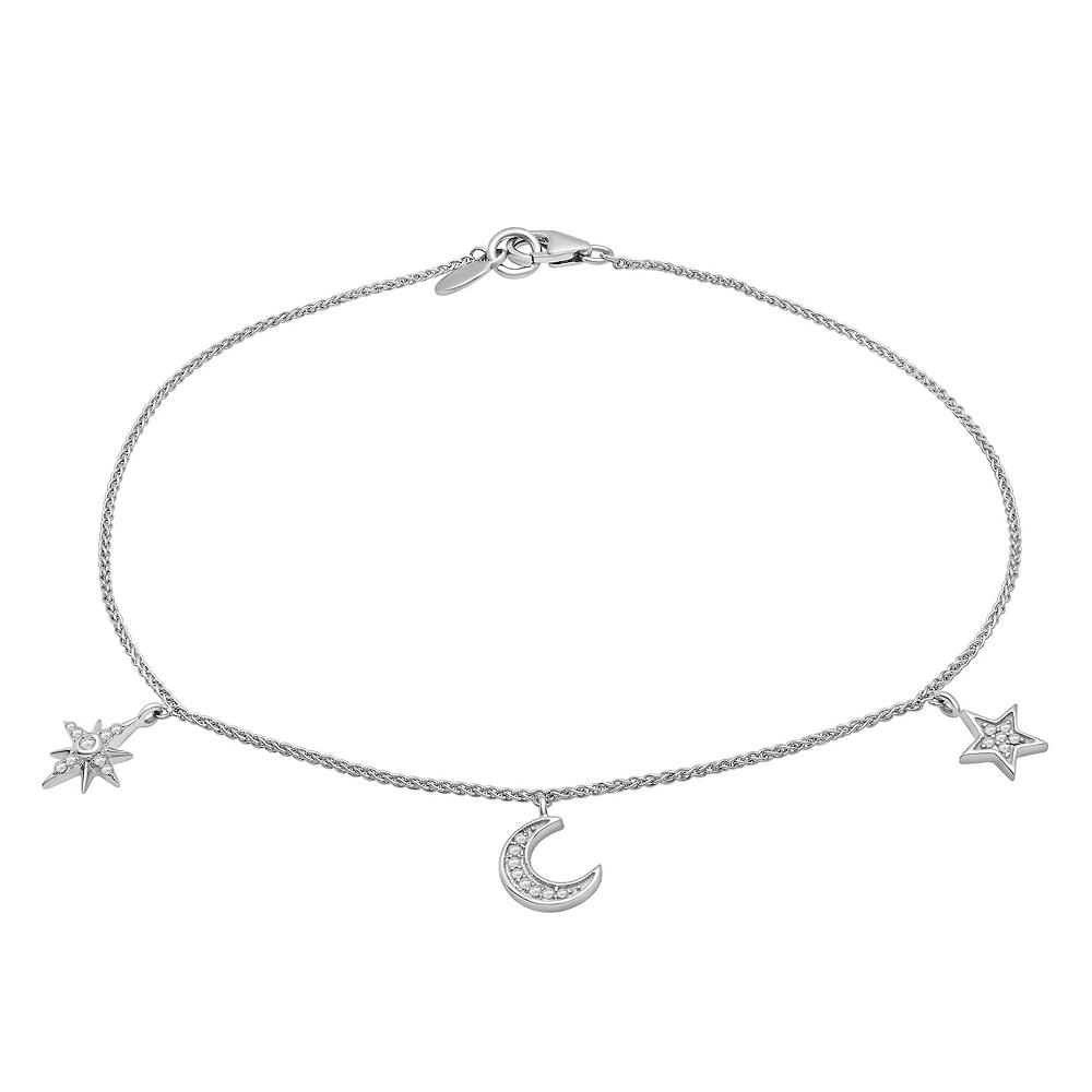 Sterling Silver 1/10 Carat T.W. Diamond Moon & Stars Anklet, Women's, Size: 10" Product Image