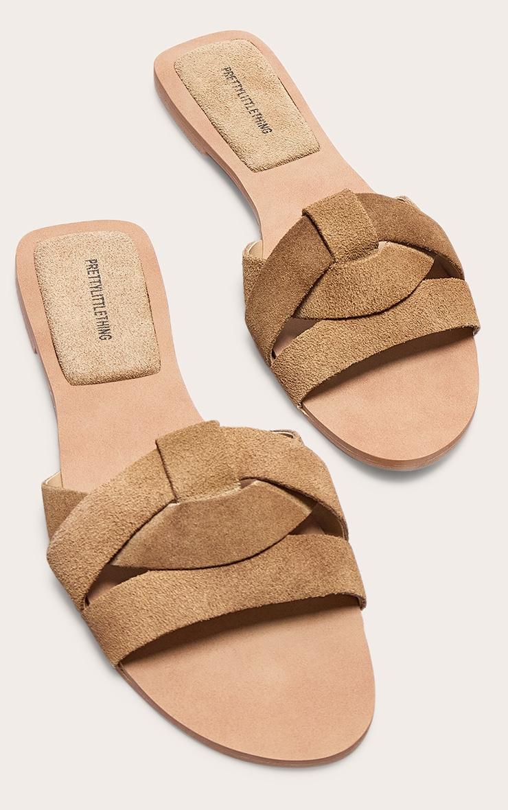 Beige Faux Suede Round Toe Flat Mule Sandals Product Image