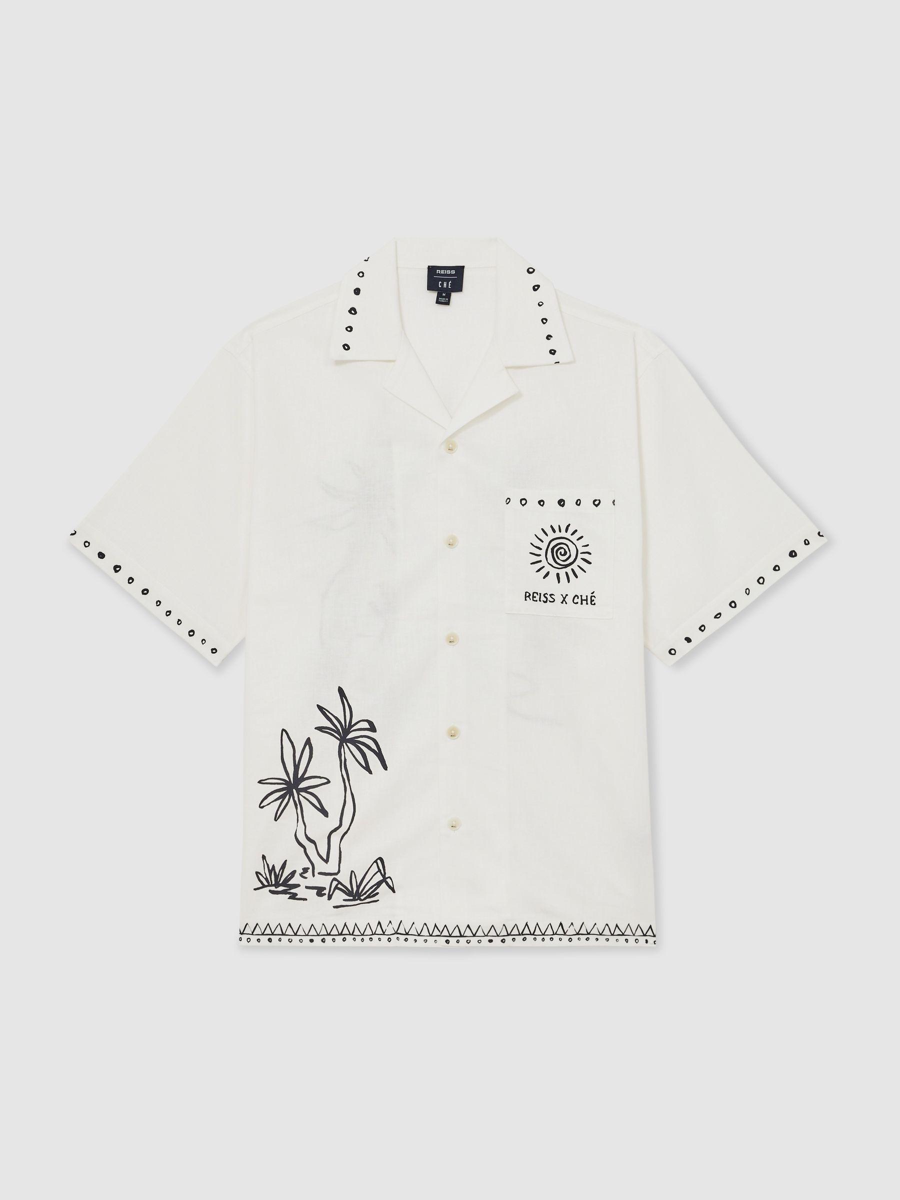 Reiss | Ché Cotton-Linen Palm Shirt in White Product Image