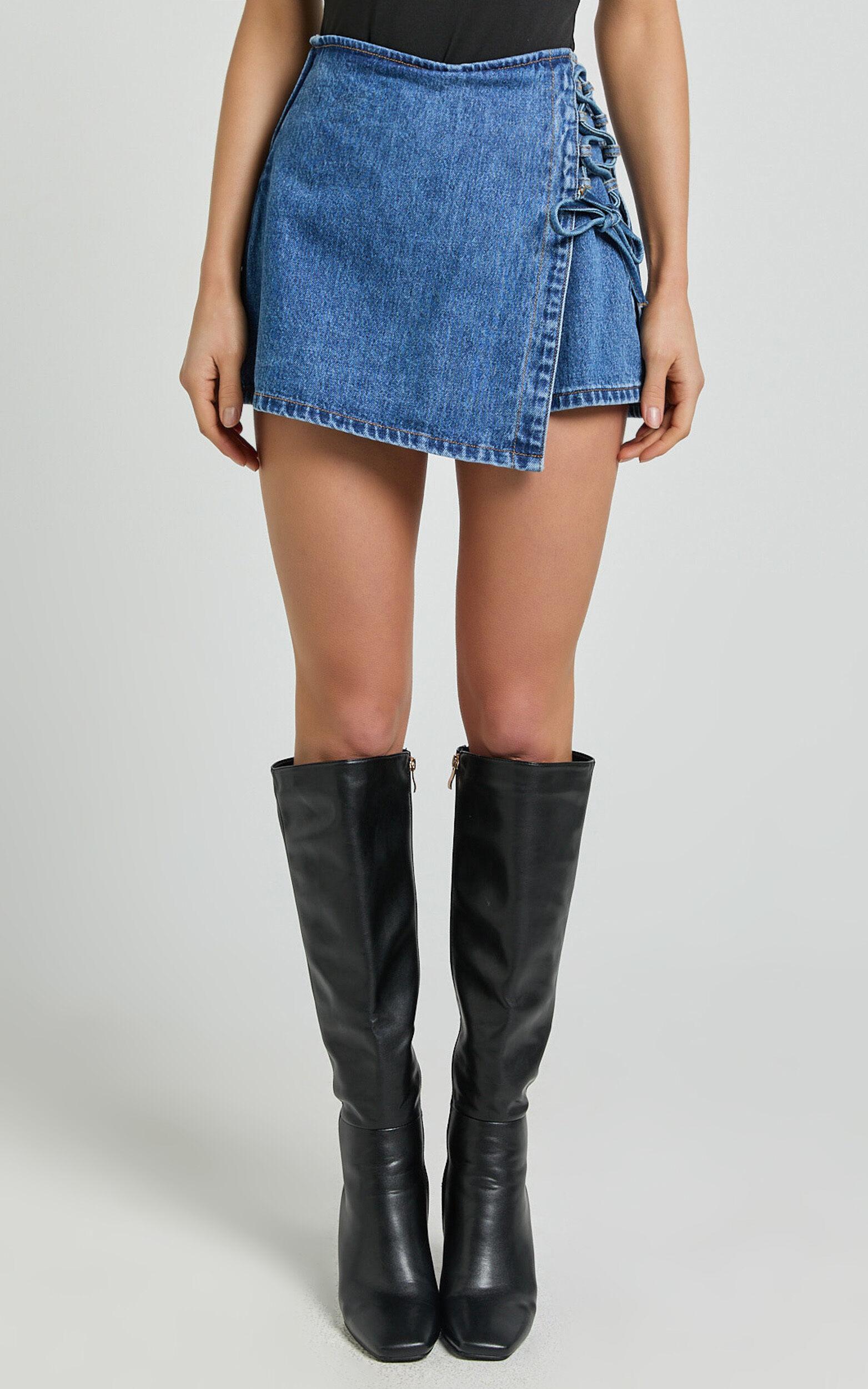 Ronnie Skort - Mid Waist Lace Up Denim Skort in Dark Blue Wash Product Image