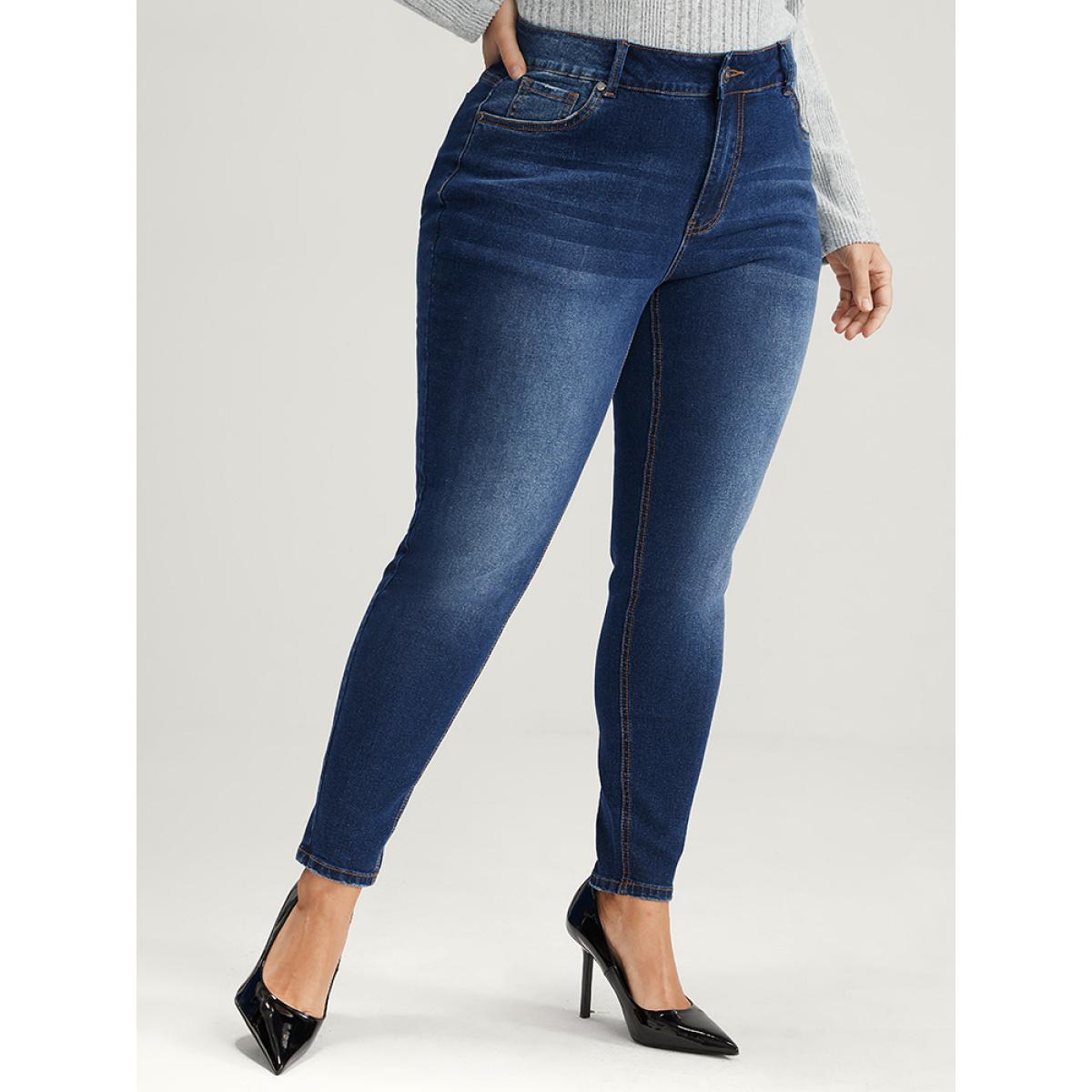 Plus Size Mom Jeans Straight Very Stretchy High Rise Medium Wash Contrast Jeans Women DarkBlue Casual Plain High stretch Slanted pocket Jeans BloomChic 20/2X Product Image