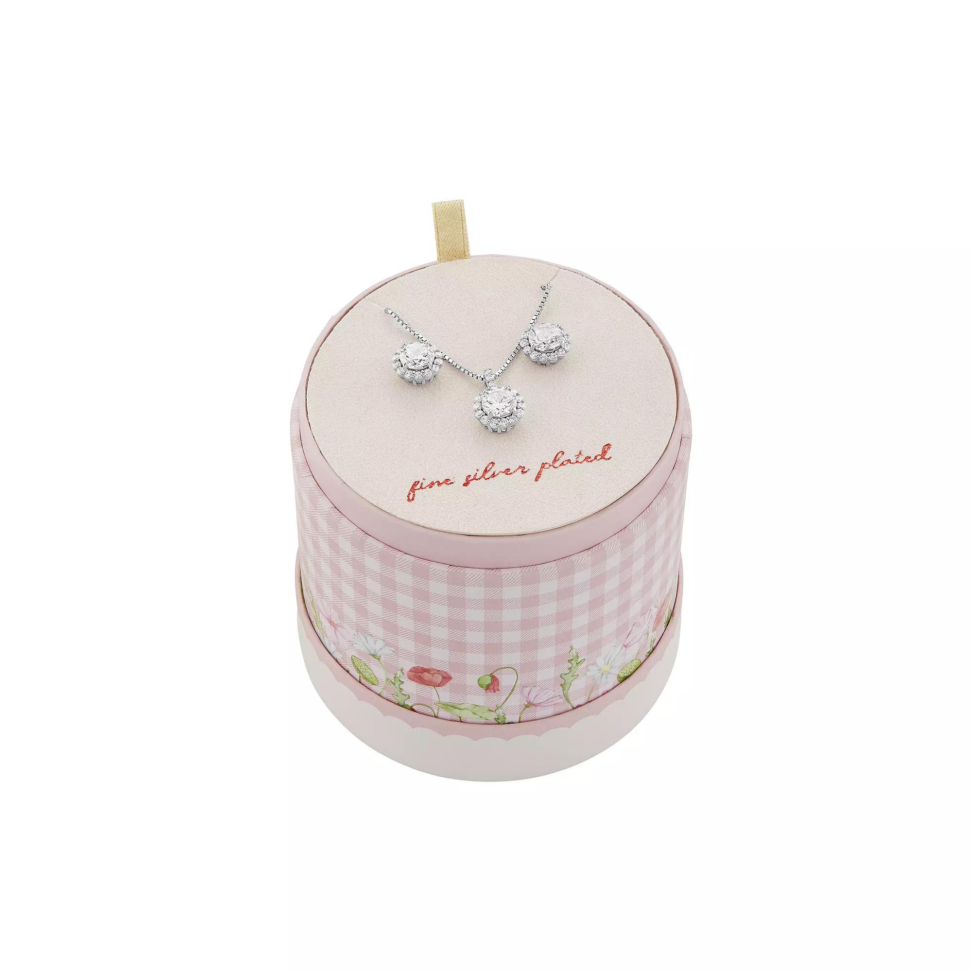 Brilliance Fine Silver Plated Cubic Zirconia Center Stone Earrings & Necklace Set, Women's, Size: 18", Silver Tone Product Image