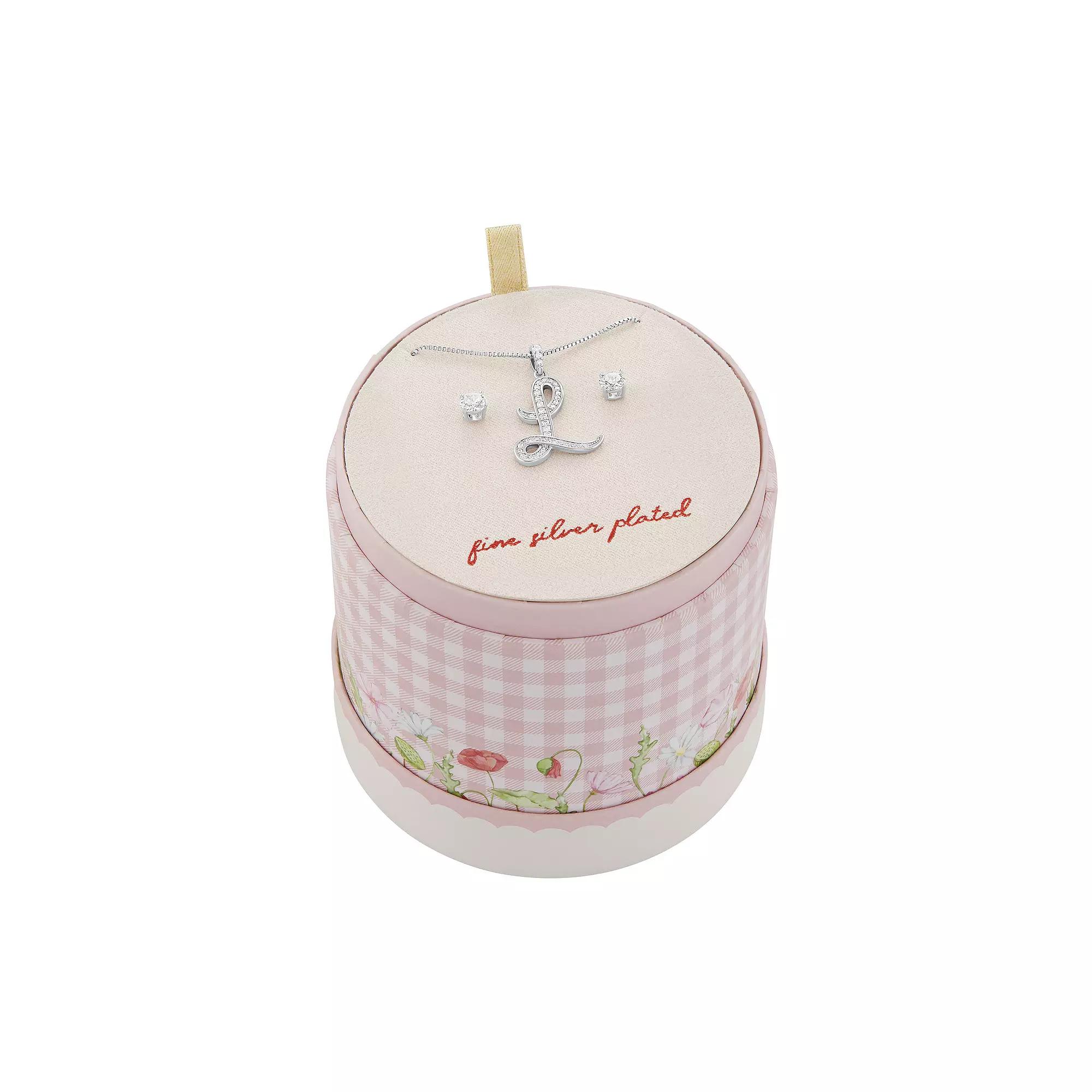 Brilliance Fine Silver Plated Cubic Zirconia Stud Earrings & Script Initial Pendant Necklace Set, Women's, Size: 18", Silver Tone L Product Image