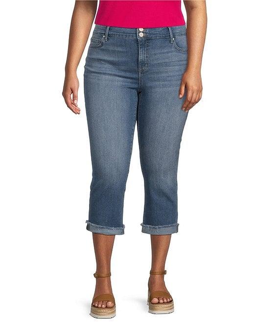 Code Bleu Plus Size Twill High Rise Frayed Cuff Hem Denim Capri Jeans Product Image