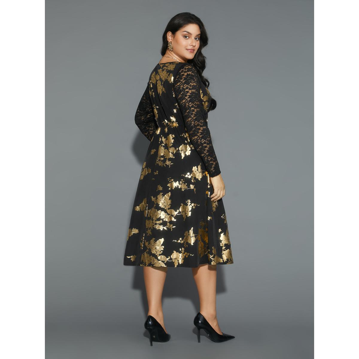 Plus Size Glitter Floral Crochet Lace Mesh Dress Black Women Cocktail Woven ribbon&lace trim Party Curvy Bloomchic 26/4X Product Image