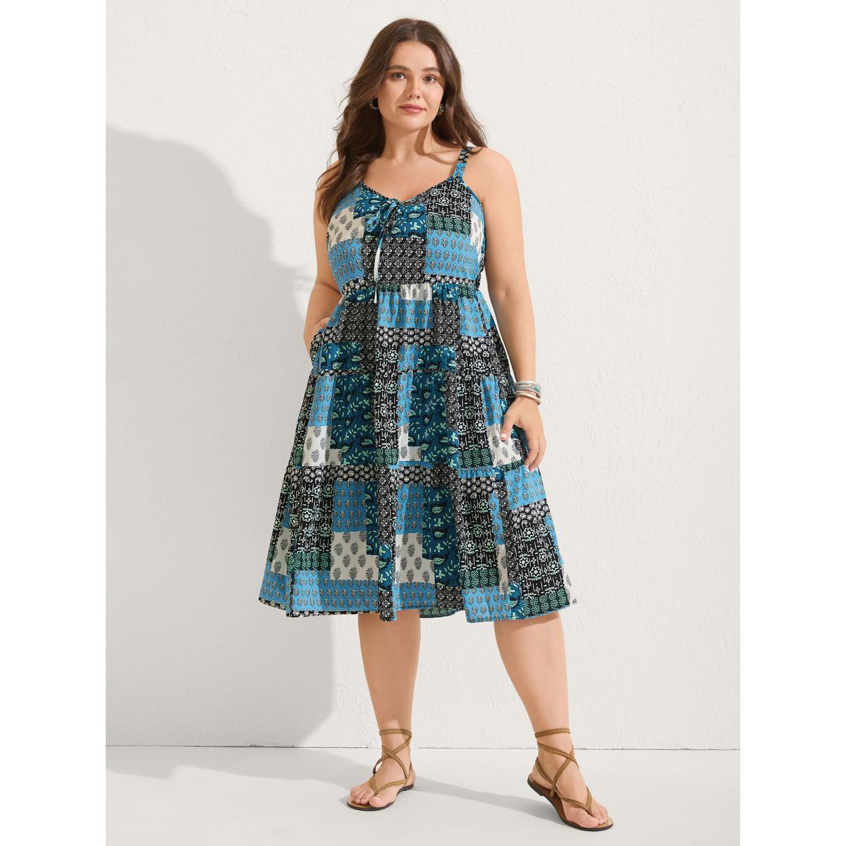 Plus Size Boho Floral Collage Stretchy Waist Midi Dress Multicolor Women Tie knot Non Sleeveless Curvy BloomChic 30/6X Product Image