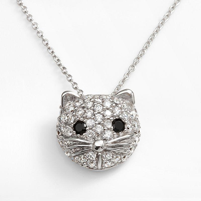 Sophie Miller Sterling Silver Black & White Cubic Zirconia Cat Pendant, Women's, Size: 18" Product Image