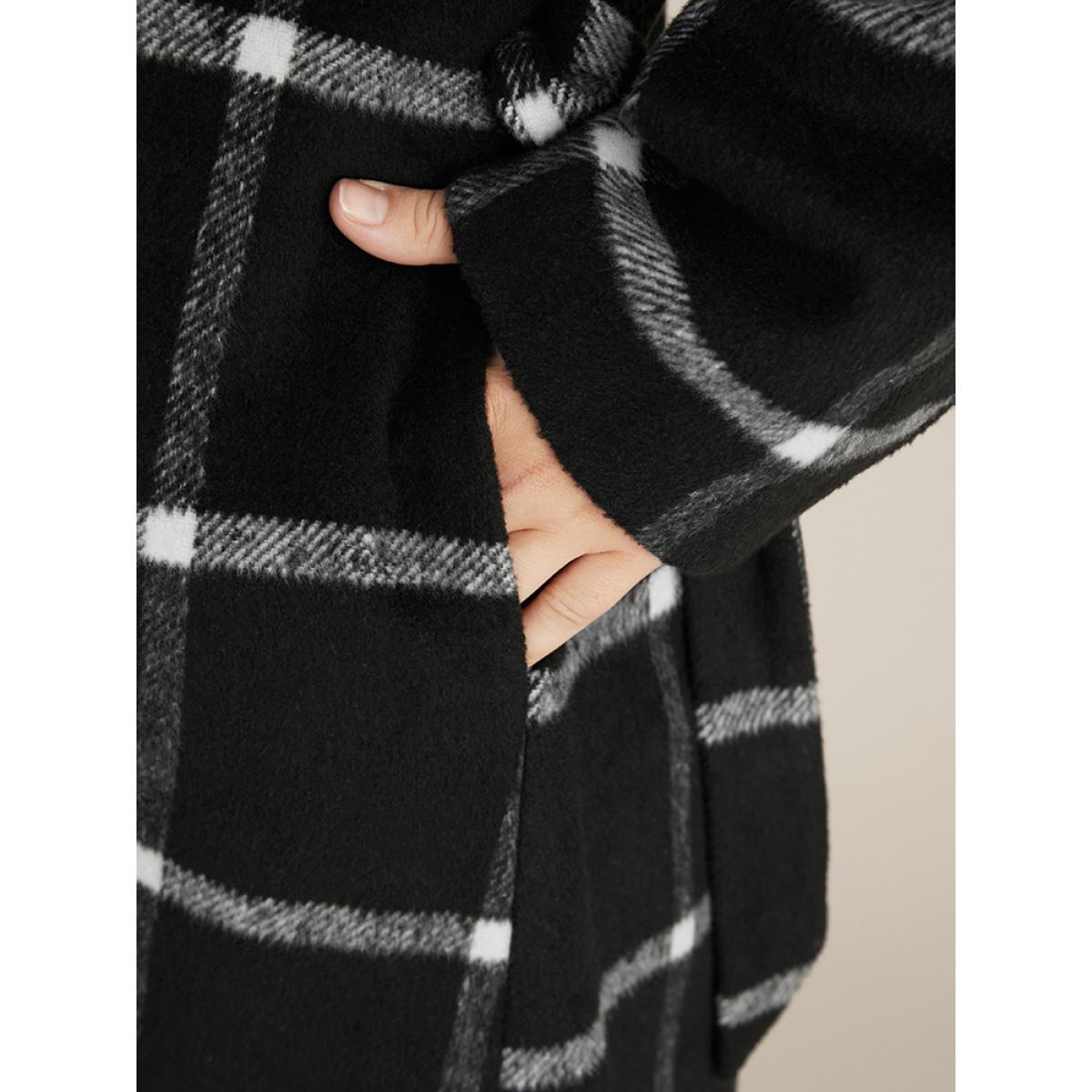 Plus Size Plaid Lapel Collar Belted Pocket Coat Women Black Elegant Belted Ladies Dailywear Winter Coats BloomChic 10/M Product Image