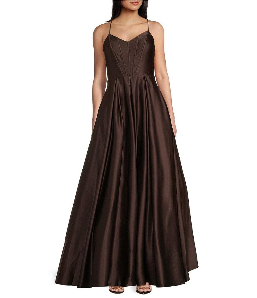 Blondie Nites V-Neck Spaghetti Strap Corset Tie Back Gown Product Image