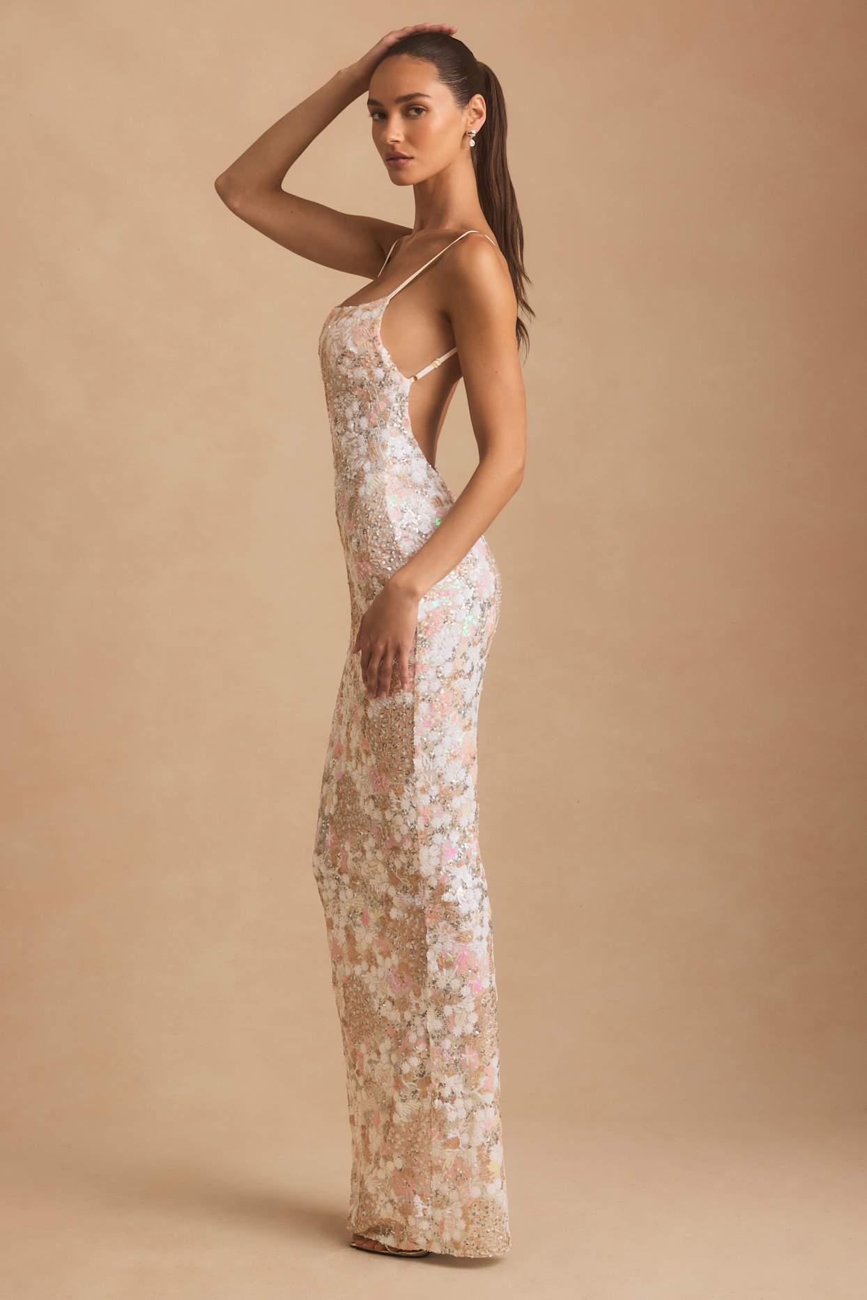 Embellished Scoop-Neck Backless Maxi Dress in Ivory Product Image