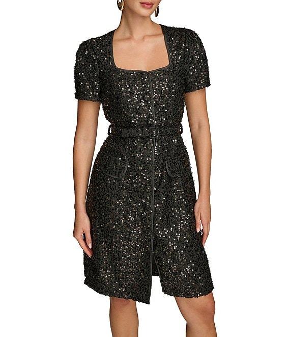 Donna Karan Sequin Tweed Square Neck Short Sleeve Belted Sheath Dress Product Image