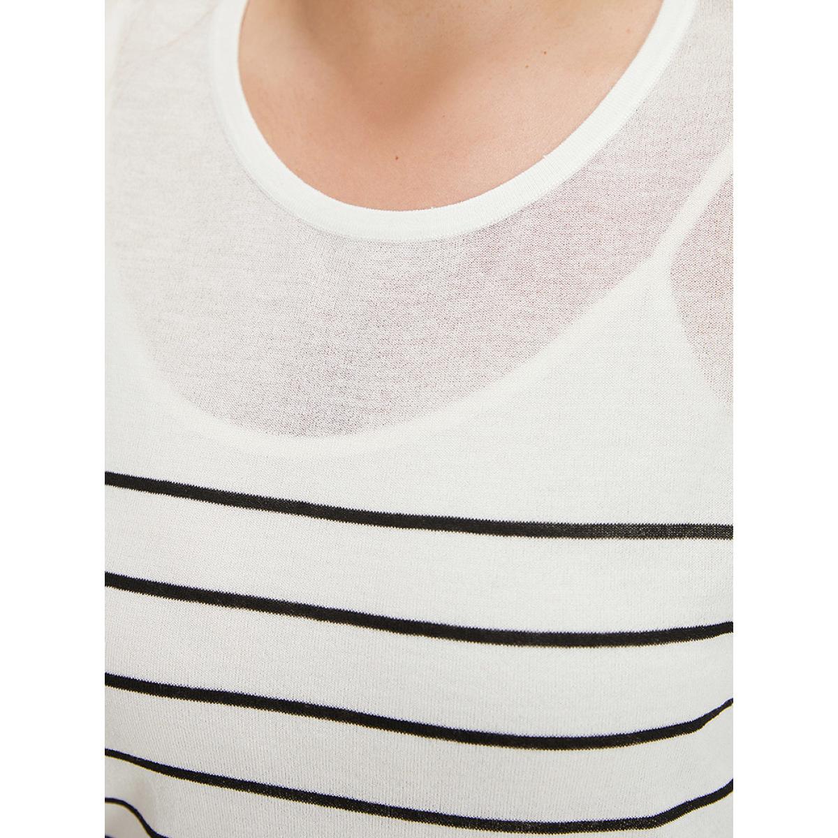 Plus Size Striped Split Side Lightweight Elastic Cuffs Pullover White Women Casual Loose Long Sleeve Round Neck Everyday Pullovers BloomChic 14-16/1X Product Image