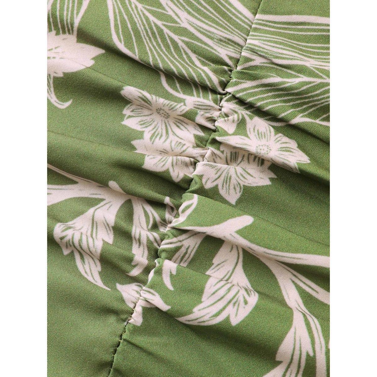 Plus Size Tropical Print Tied Front Pockets Midi Dress Moss Women Gathered V-neck Sleeveless Curvy BloomChic 18-20/2X Product Image