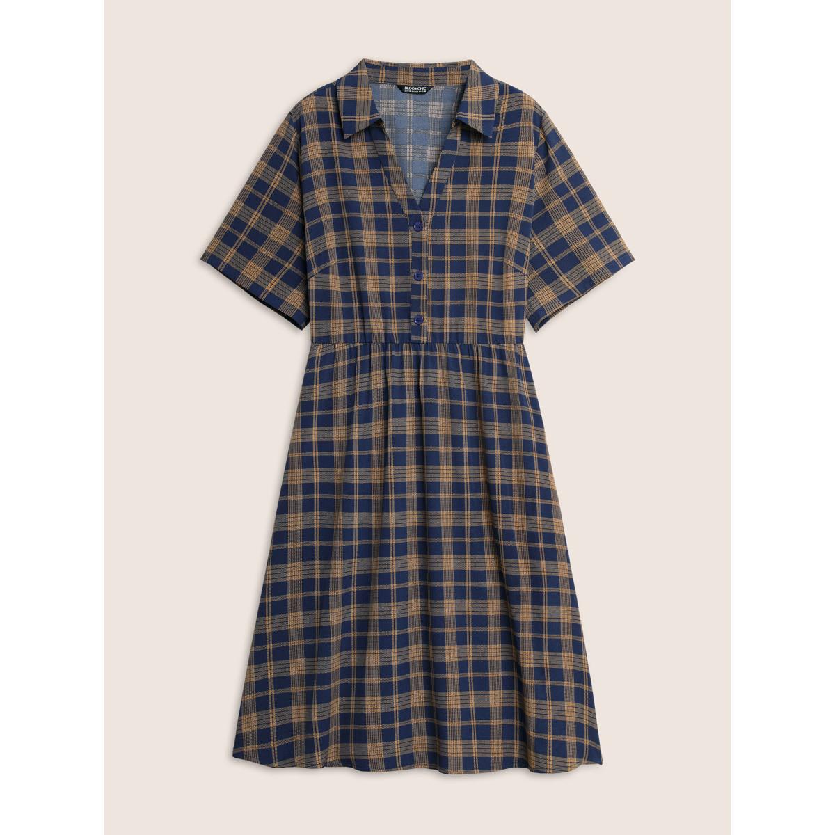 Plus Size Plaid Button Up Elastic Waist Pocket Dress DarkBlue Women At the Office Button Shirt collar Short sleeve Curvy BloomChic 10/M Product Image