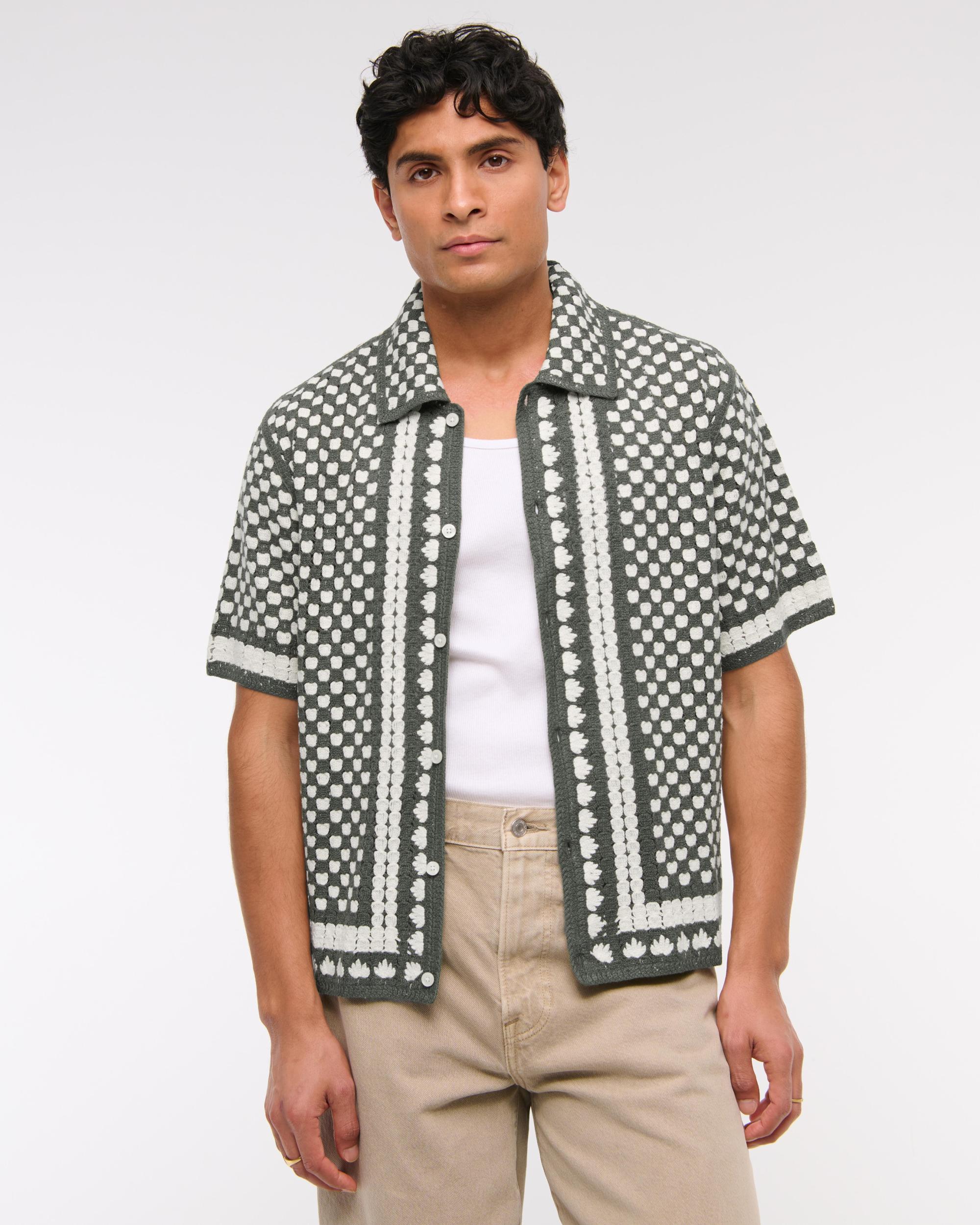 Crochet-Style Border Stripe Button-Through Sweater Polo Product Image