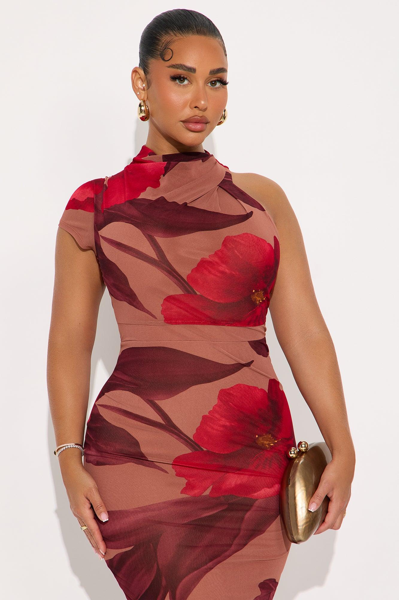 Celene Floral Mesh Short Sleeve Dress - Brown/combo Female Product Image