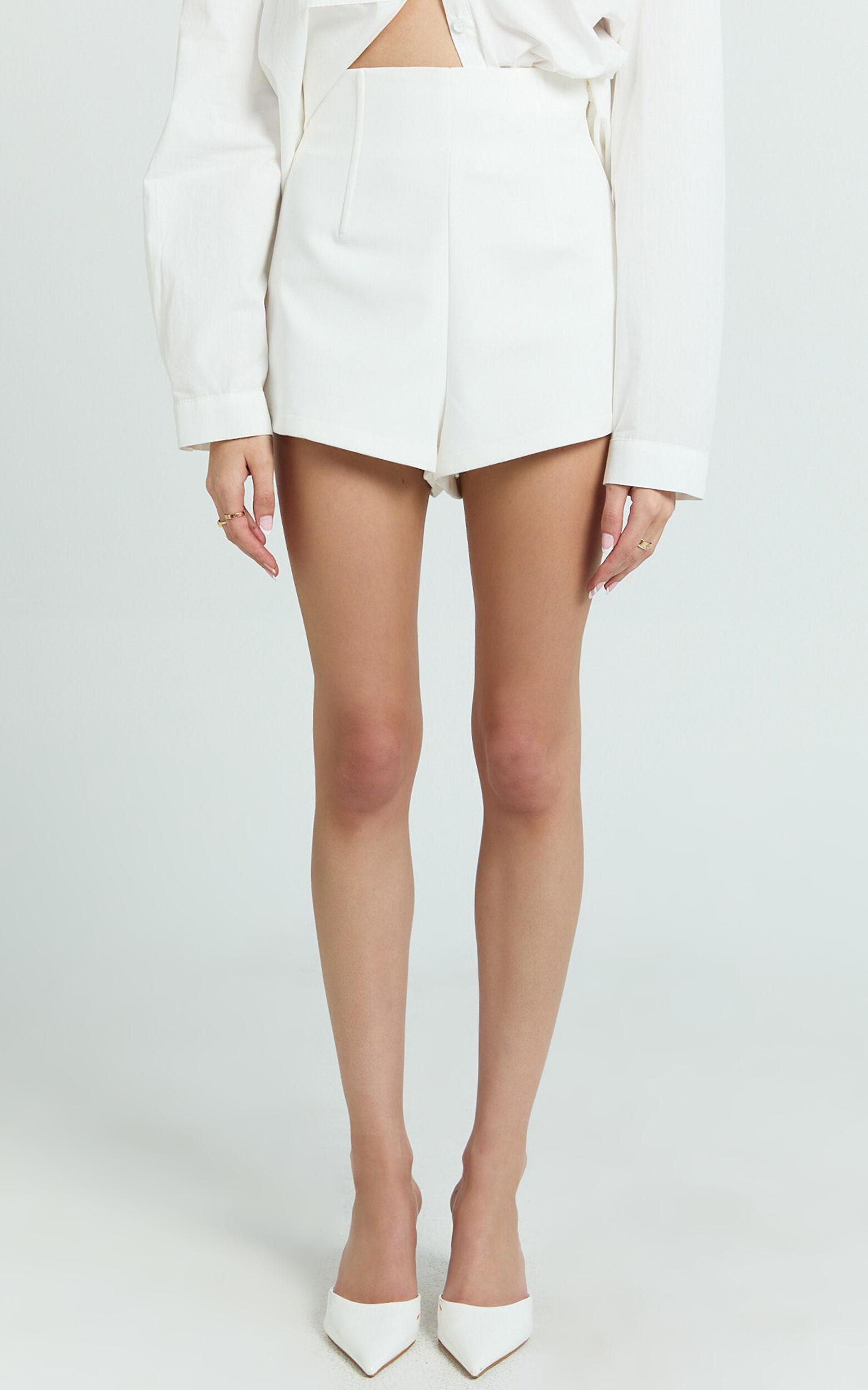 Dahlia Shorts - Paneled High Waisted Tailored Mini Shorts in White Product Image