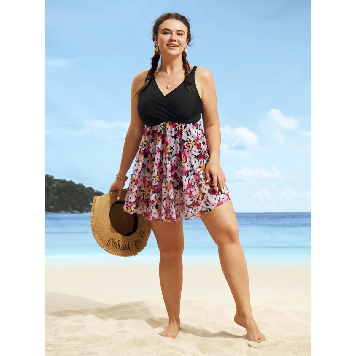 Plus Size Floral Patchwork Mesh Crossover Swim Dress Women's Swimwear Black Beach Bodycon V-neck High stretch Curve Swim Dresses BloomChic 28/5X Product Image