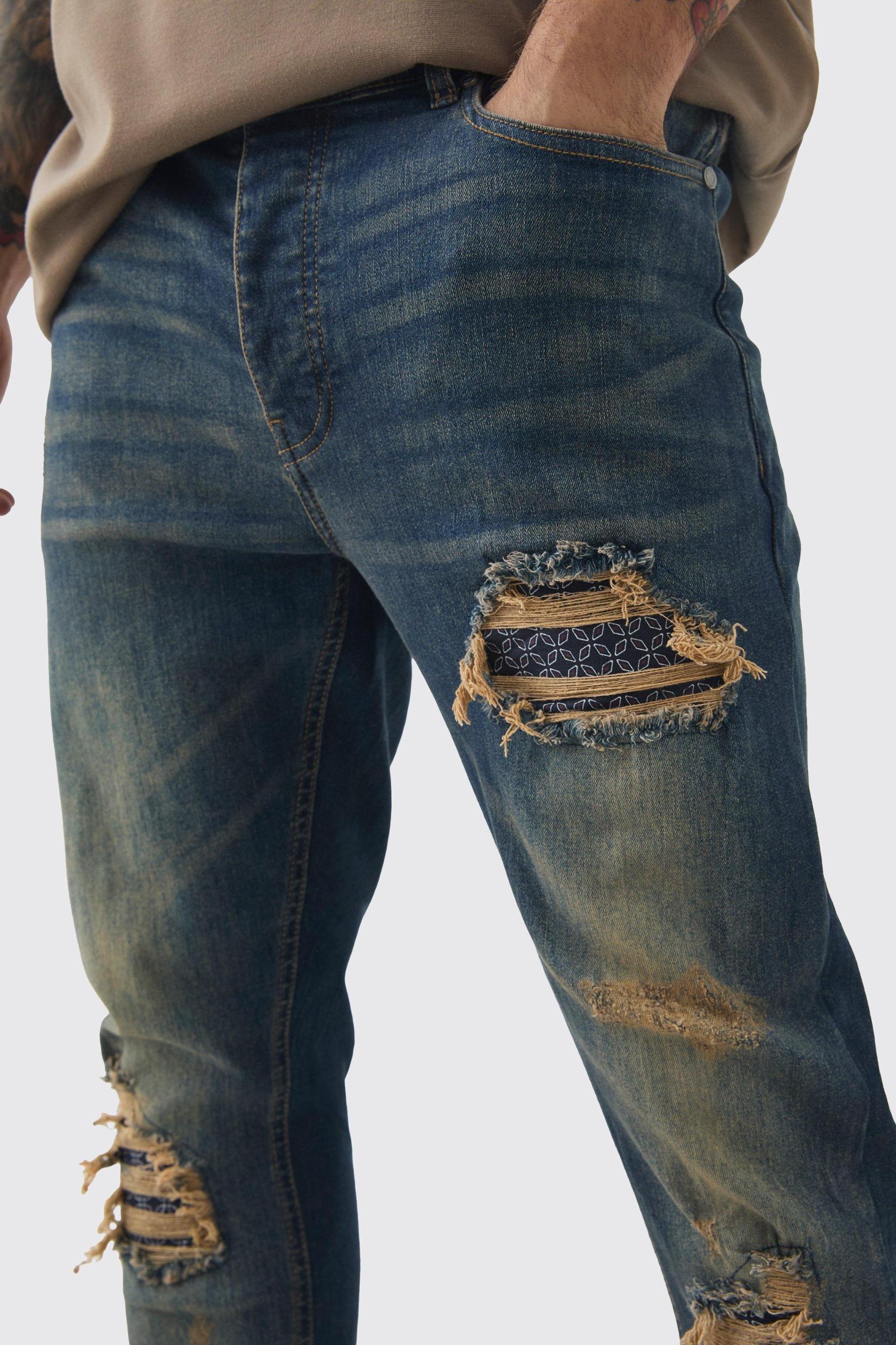 Skinny Stretch Stacked Bandana Rip & Repair Jeans | boohooMAN USA Product Image
